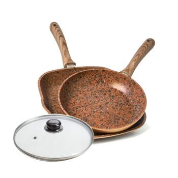 Set Regis Stone Copper MaxiGrill: capac 28 cm, tigăi 28 cm și grill antiaderente cu piatră și cupru